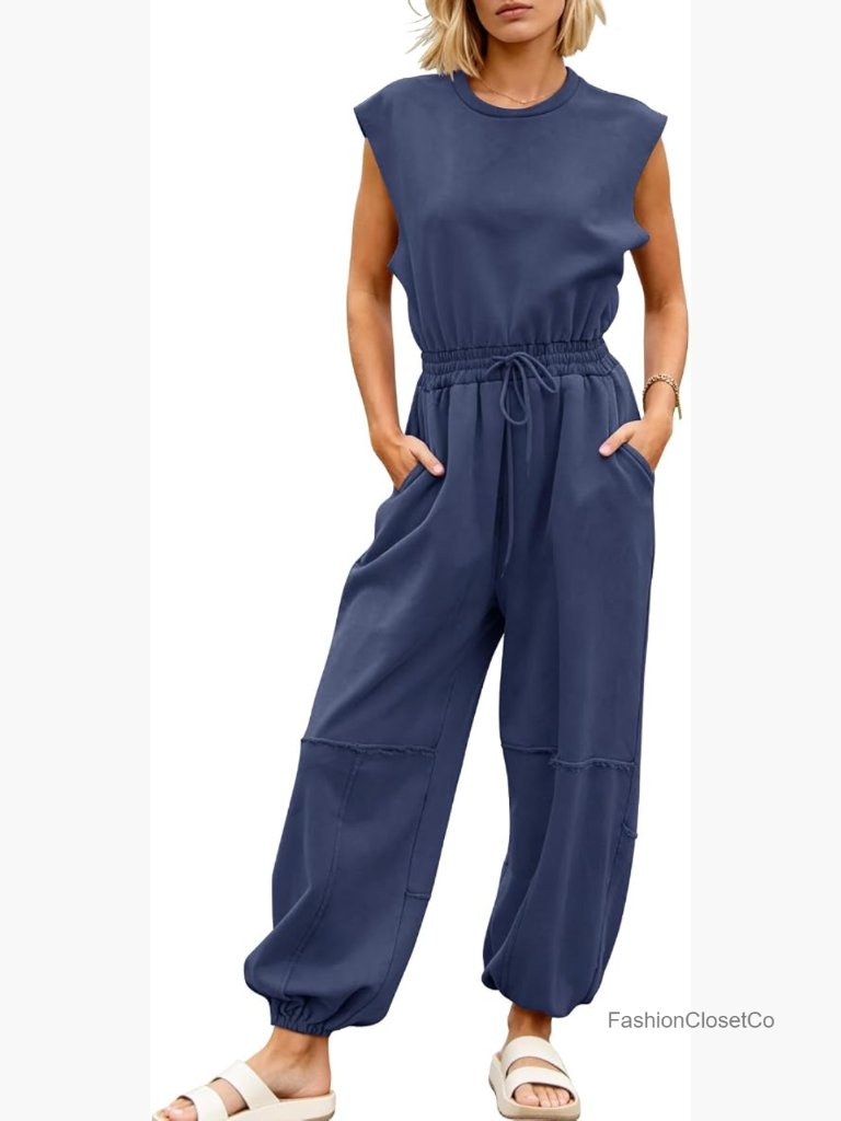 Casual Crewneck Cap Sleeve Drawstring Romper Jumpsuit With Pockets